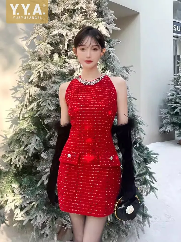 Červené dámske jarné štíhle fit bez rukávov Diamonds o krk tank šaty šaty Line narodeninové oslavy Mini Tweed šaty elegantné dámy