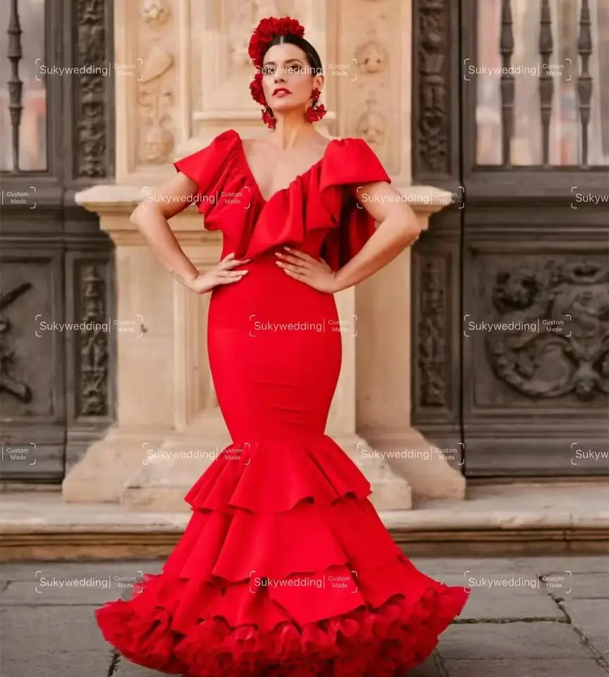 Červené flamenco prom šaty 2025 V Neck Mermaid Večerné šaty Crepe Ruffles sukne formálne tanečné párty oblečenie oblečené prispôsobené