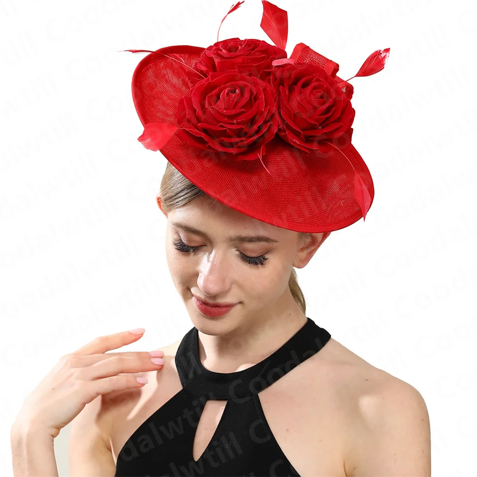 Červené kvetiny svadobné fascinátor klobúk Ženy na párty banket kapusta s čelenkou dámsky kostol Kráľovské vlasové doplnky Derby Hats