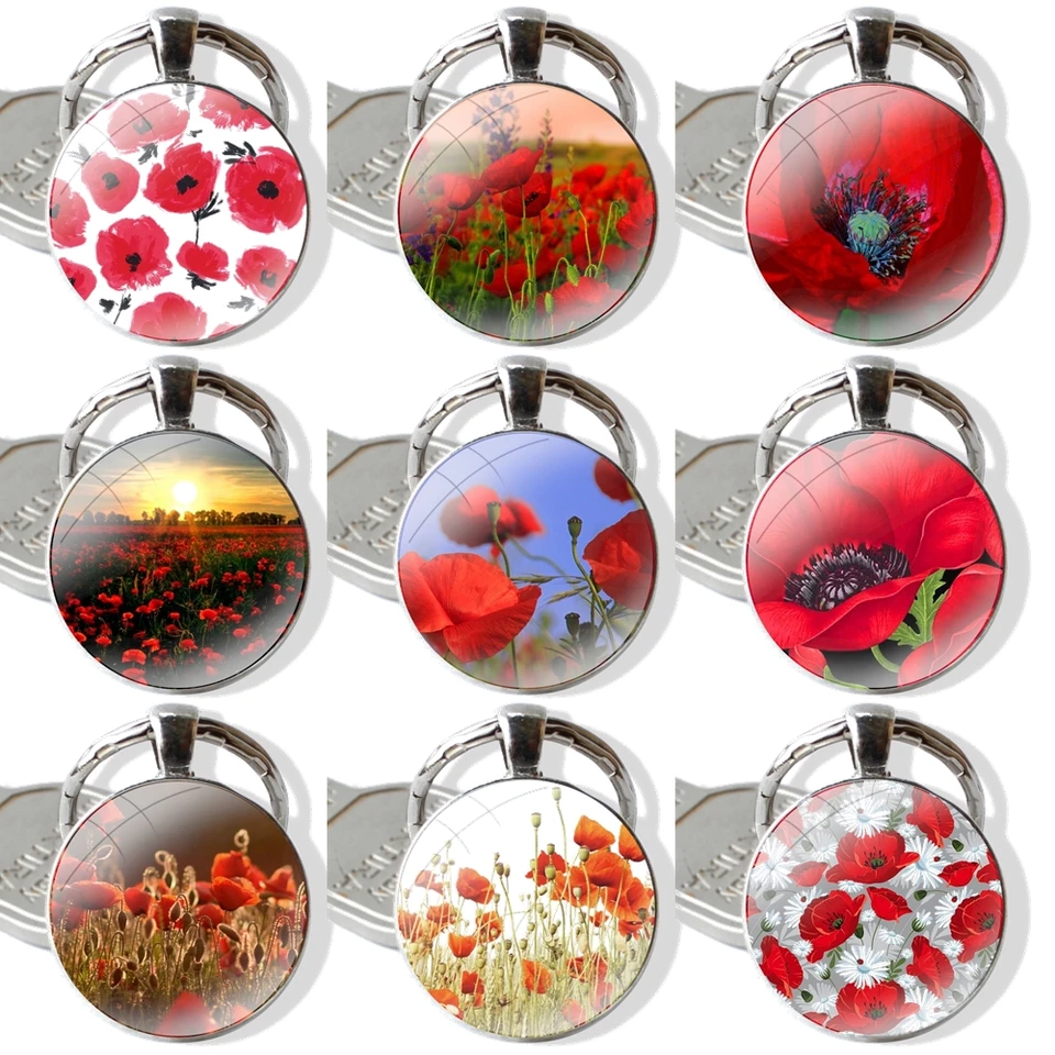 Červené maky Keychain Glass Cabochon Metal Classic Classic Men's Dámska kľúče