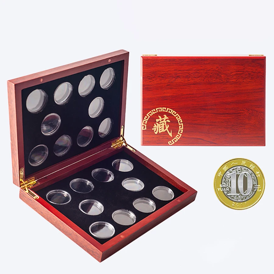 Červené okrúhle mince držiaky držiaky skladovacieho kontajnera Displej 27 mm 40 mm puzdra Drevená škatuľa Pamätné mince Zbierka Zbierka Cy Cy