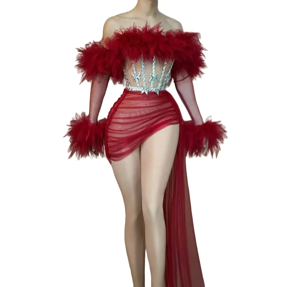 Červené sieťové flitre 2 počítače Set Šaty roztlieskava Las Vegas Showgirl Charming See Thru Drag Queen outfit tehotná sexy pódium Wear