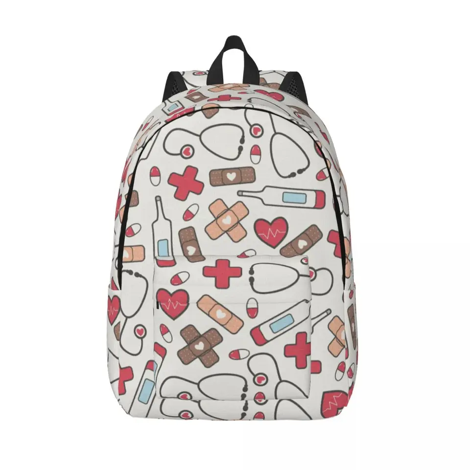 Červené srdiečka sestra Doctor Pattern Canvas batohy pre ženy Men School College Študenti Bookbag sa hodí