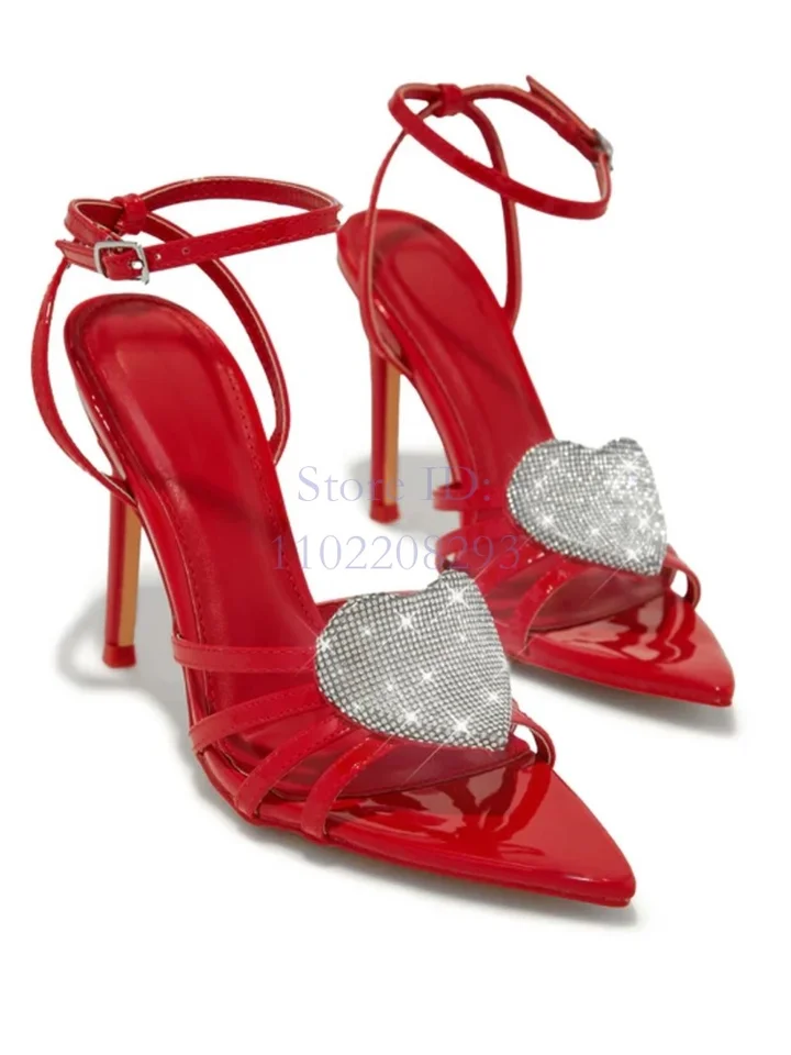Červené srdiečko krištáľové tenké sandále s vysokým podpätkom Špicaté špičky na špičke s krížovými sponami členky Stilettos Solid Women Sexy šaty topánky 2024