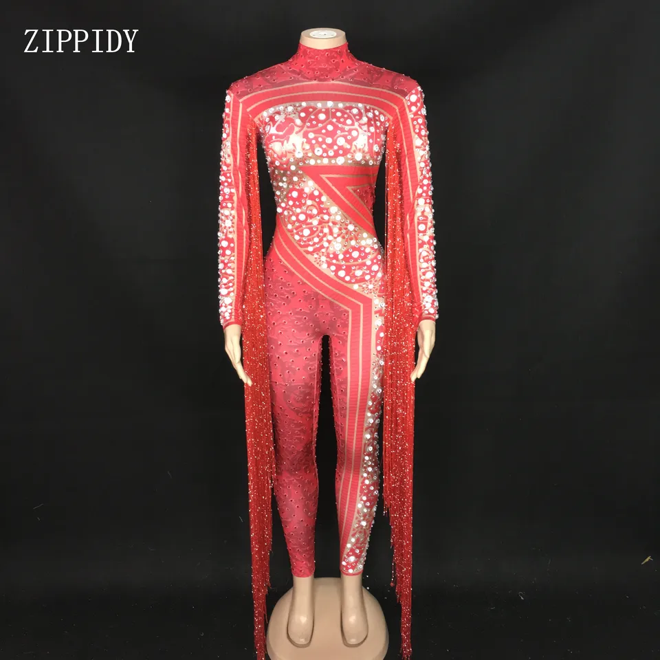 Červené strapce kamienky Kombinézy na javisko Bodysuit oslavujú tanečný kostým kostým legíny žien speváčka tanečnica outfit