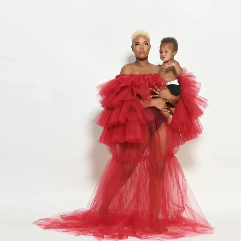 Červené svieže maxi šaty Photoshoot červené rukávy Dlhé plesové šaty módne vrstvené párty šaty pre fotografiu