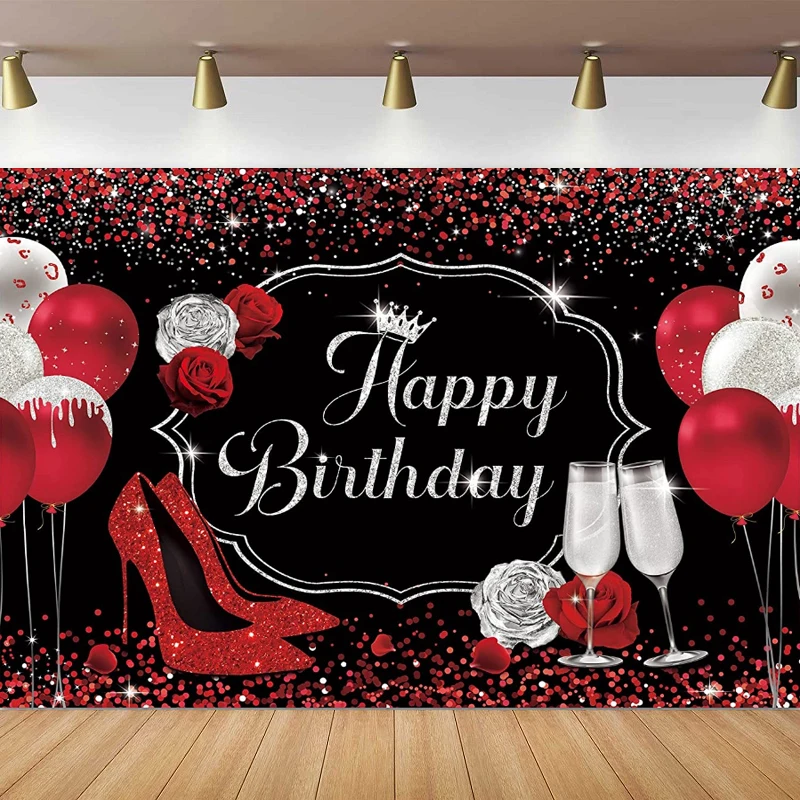 Červené vysoké podpätky všetko najlepšie k narodeninám fotografia pozadie Ženy Black Silver Champagne Balloon Flitry Glass Rose Rose Pozadie Banner