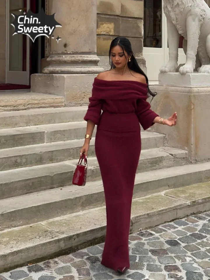 Červené víno z pleteného plemena Maxi šaty pre ženy Elegantné dlhé rukávy skladané štíhle morské panny Elegantné nočné party šaty