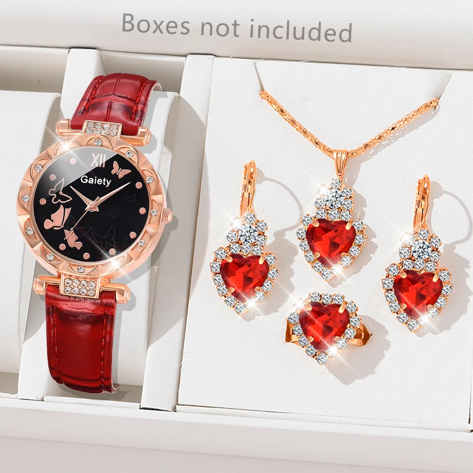 Červené ženy 5ks/set Quartz Watch Half Face Butterfly Dial Reskwatch Kožené hodinky s šperkami pre ňu