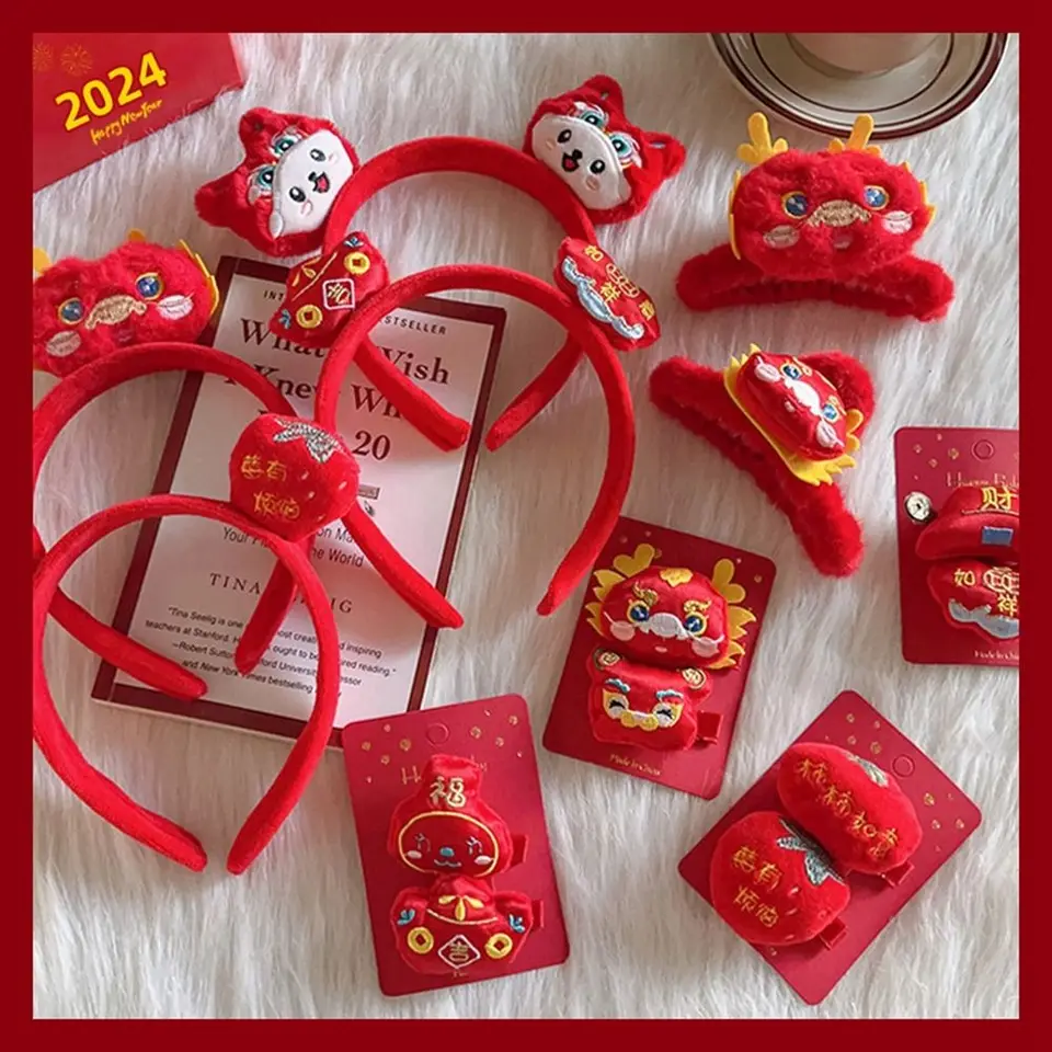 Červený vlasový pás 2024 Happy Nový rok čelenka vlasy Claw Vlasovňa Drak Čelenka detské pokrývky hlavy Mascot Dragon Nový rok čelenka muži