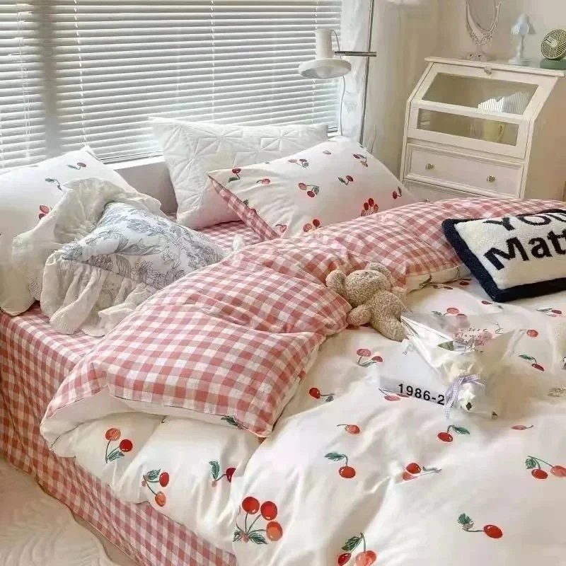 Červený čerešňový vzor princeznej pokrývky postieľky sada módne kráľovná kráľovná dvojitá posteľ bielizeň kvetinové kvetinové obalové súpravy