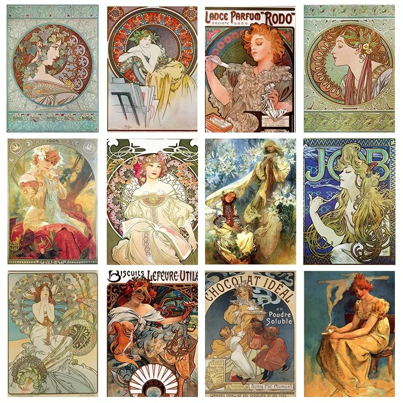 Československý maliar Alphonse Mucha Vintage Canvas Painting Plagáty a tlačové umelecké obrázky pre obývaciu izbu Domáca dekorácia