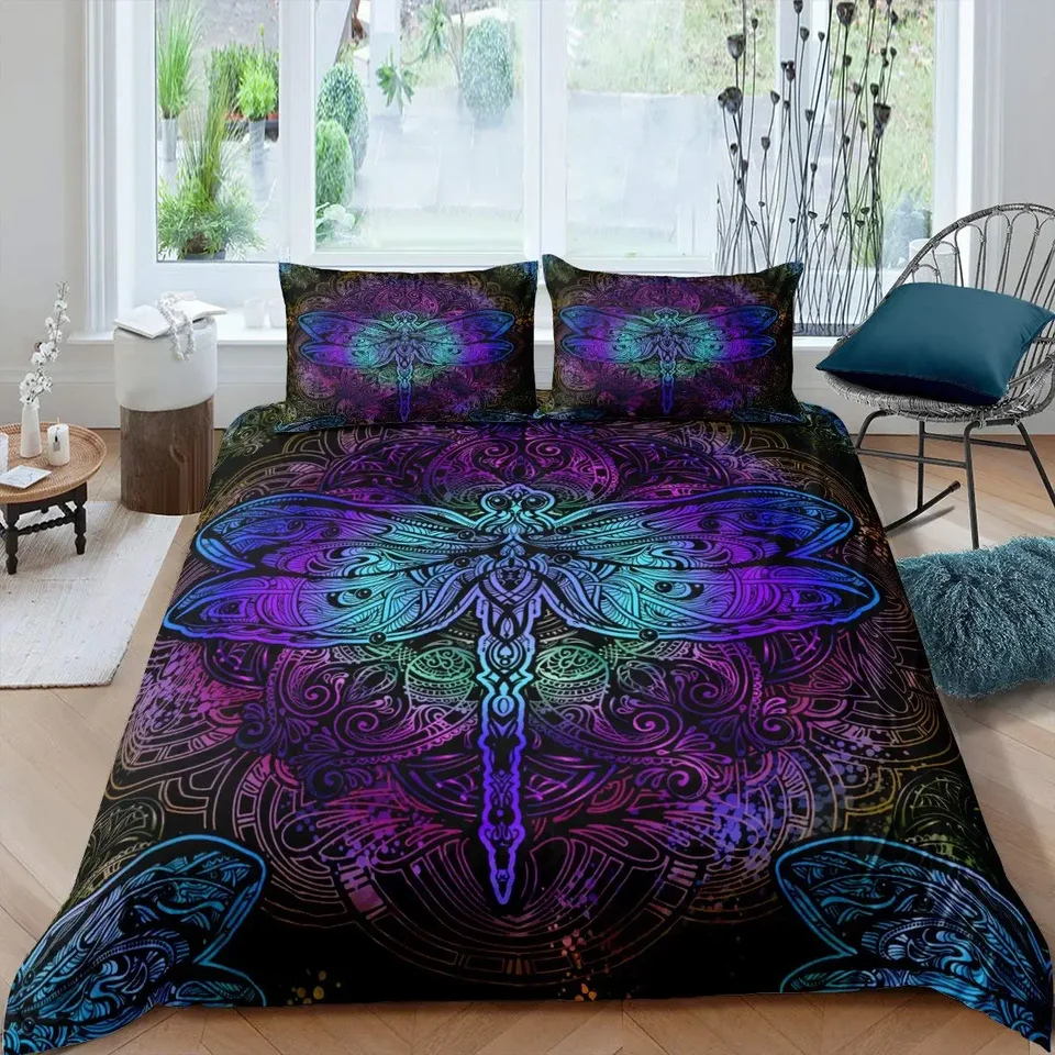 Česká dragonfly obliečka na obálku sada King Veľkosť mandala paisley posteľná súprava fialová kravata Dye Iridescent hippie polyesterový kryt prikrývky