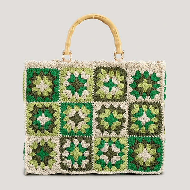 Český veľký háčkovanie tašky Vintage bambus rukoväť žien handbgs babičky štvorcové pletené tašky Trend Trend Big Lady nakupujúci