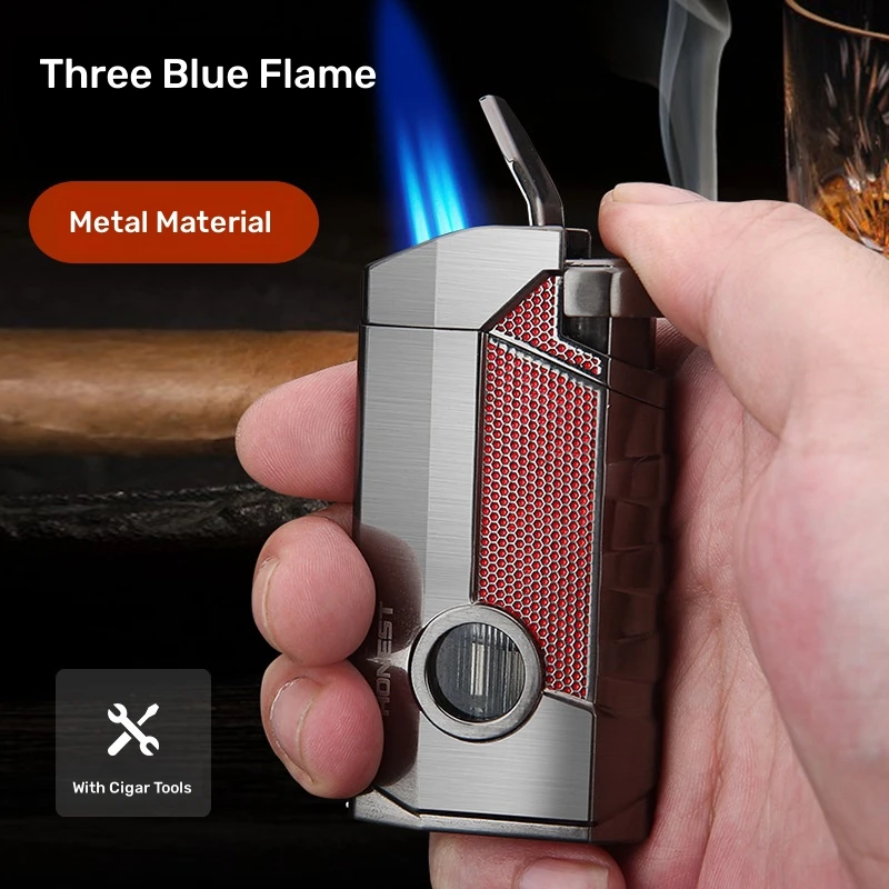 Čestný veterný vodítko Tri Fire Direct Blue Flame Zapaľovač nafukovací plyn Spaľovač s Cigar Tool High-end Business Pánsky darček