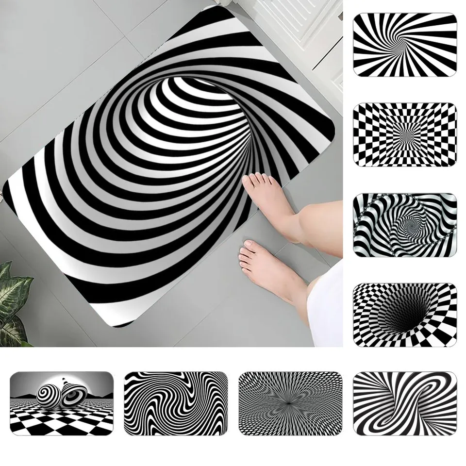 Čierna a biela 3D podlahová mata Grafická tlačená flanelová rohožky pre kúpeľňu Kuchyňa Vstupný koberec Domáca dekor