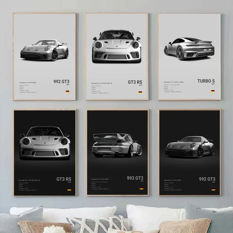 Čierna a biela nemecká luxusná plagáty športových automobilov Nástenné umenie 911 GT3 RS Turbo Canvas Obrázky Obýva