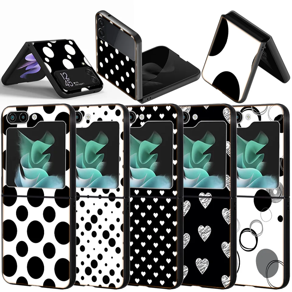 Čierna a biela Polka Dot Dot Protective Shock -odolný prípad pre Samsung Galaxy Z Flip 5 4 3 5G Z Flip 6 5G Black Hard Zflip3 Zflip4 Zf