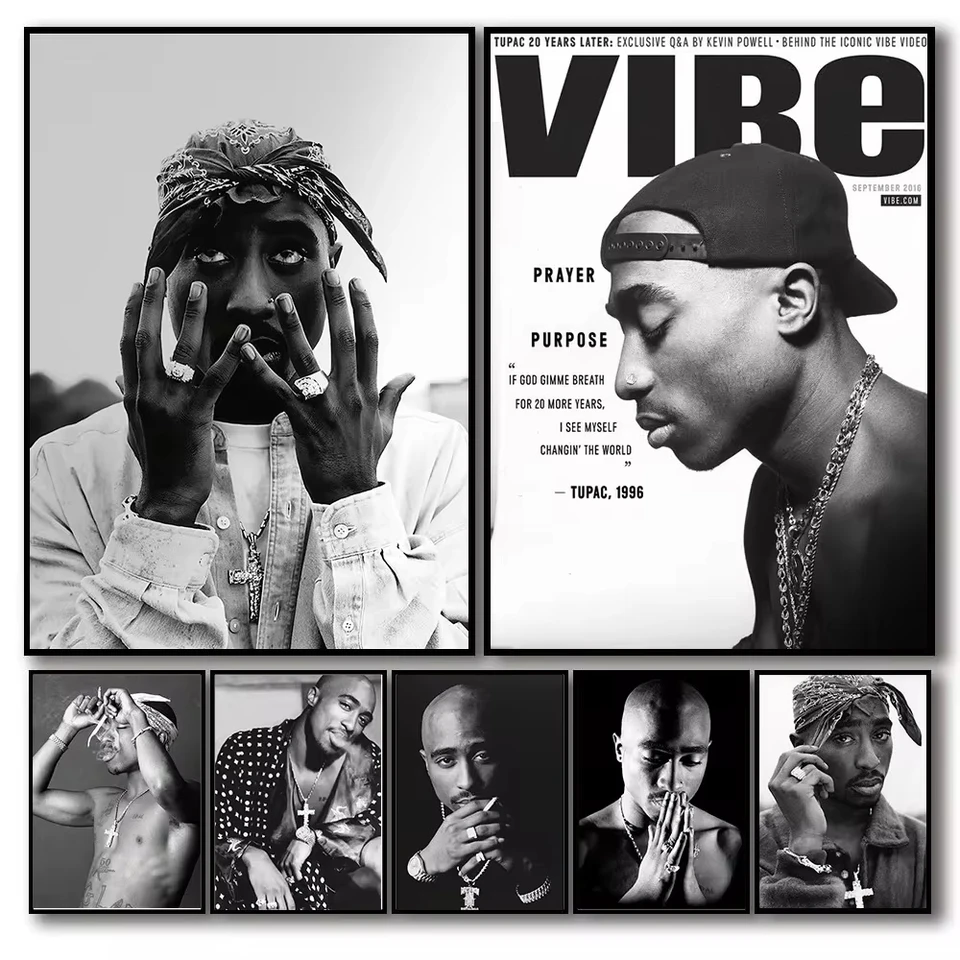 Čierna a biela pop hip hop rapper 2pac plagáty tupac hudobný album kryt estetika pre miestnosť plátno maľba maľba nástenná domáca dekorácia