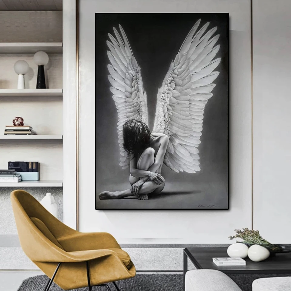 Čierna a biela umelecká anjelská dievčina Canvas Plagáty a výtlačky nástenných umeleckých obrázkov Canvas Obrazy pre obývaciu izbu Domáca dekorácia
