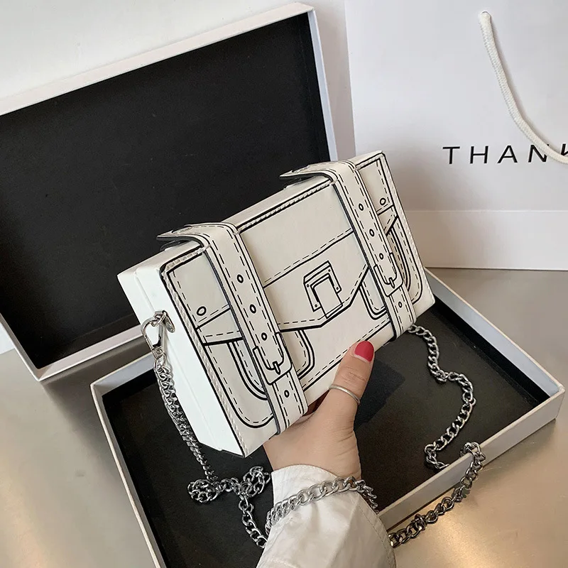 Čierna a biela škatuľka Dizajn Ženy Príležitostné kabelky a kabelky módna taška na ramennú reťazovú tašku 2023 Crossbody Bag Pu Leather