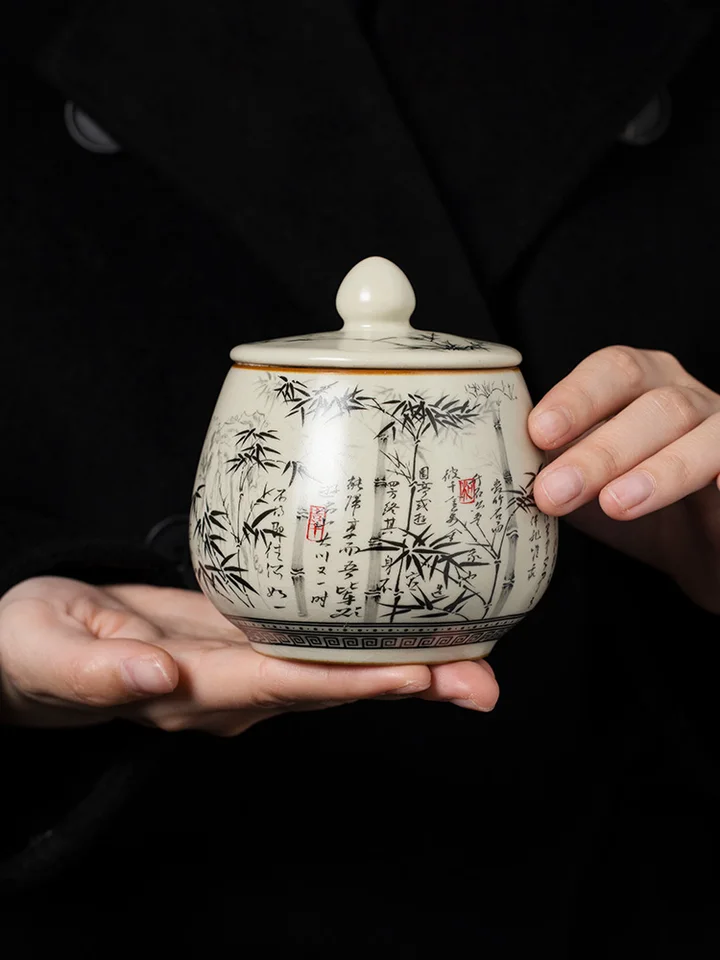 Čierna bambus ruka prenosná čajová škatuľka Organizátor Čajový čaj Čajový nádoba Can Jar Storage Ceramic Chinese Tea Caddy