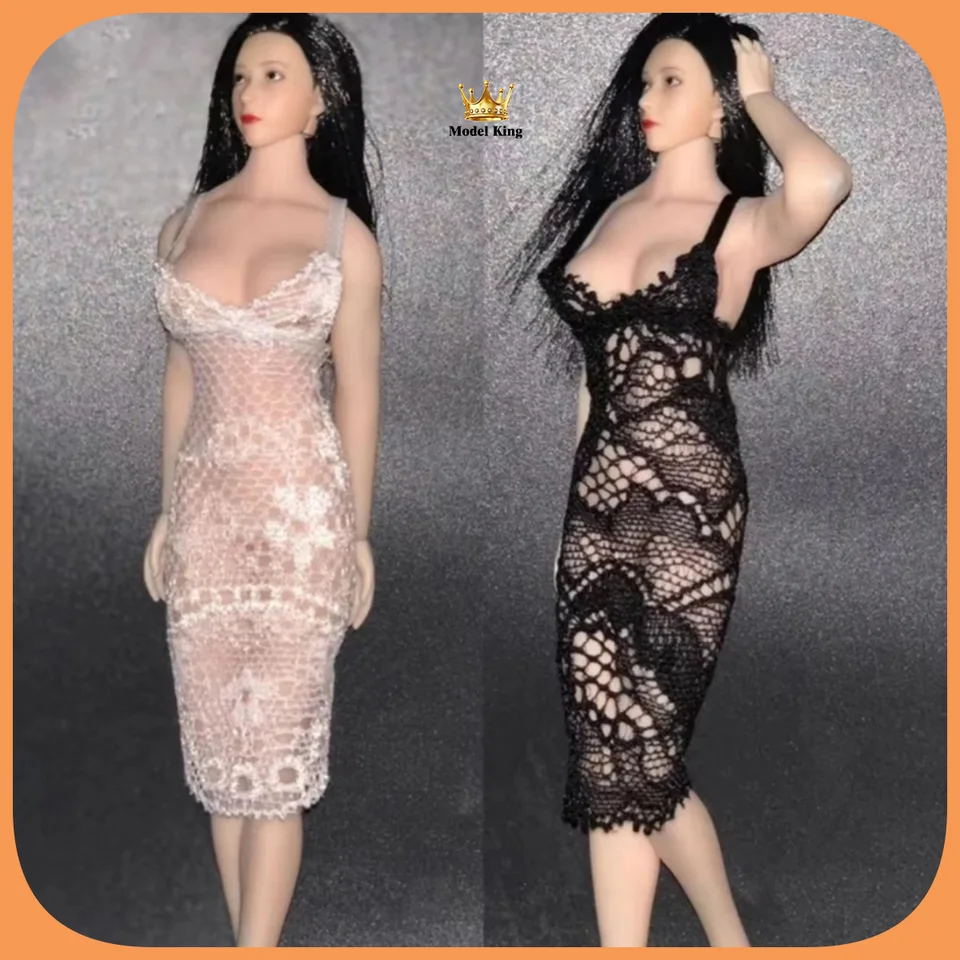 Čierna/biela 1/12 LACE LACE DUTHLE OUT Perspektíva Low Cut Suspender Dlhé šaty Sexy zrelé šaty pre 6 
