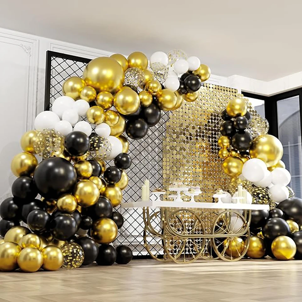 Čierna biela Ballon Arch Kit Metal Gold Confety latex Balóny Garland promócia nevesta Sprcha svadobná narodeninová oslava dekorácia