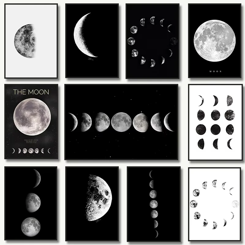 Čierna biela fáza Art Moon Plagáty estetické plátno výtlačky maľba nástenné obrázok pre obývaciu izbu barová kaviareň Domáce dekorácie cuadros