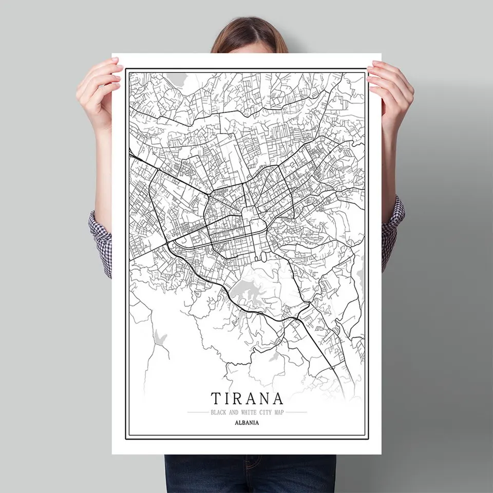 Čierna biela mapa mesta World City Plagát Nordická obývacia izba nástenné umelecké obrázky domáce dekorácie maľba maľba albánska tirana Durres Kamez
