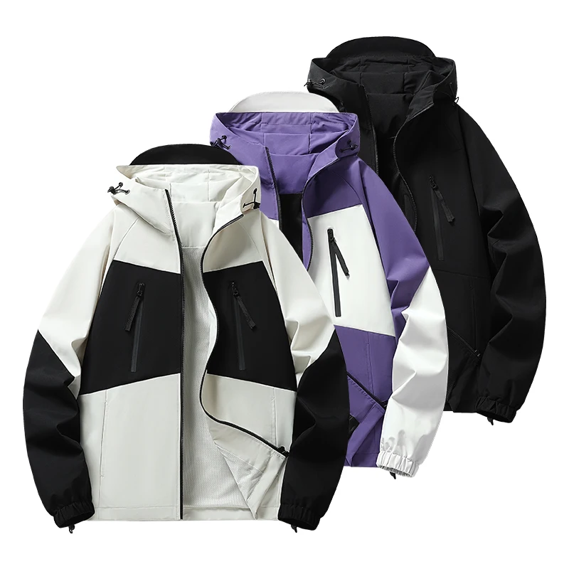 Čierna biela pánska bunda vodotesná s kapucňou na turistický kabát Jeseň Lightweight Windbreaker Tenký zips módne bundy Kórea