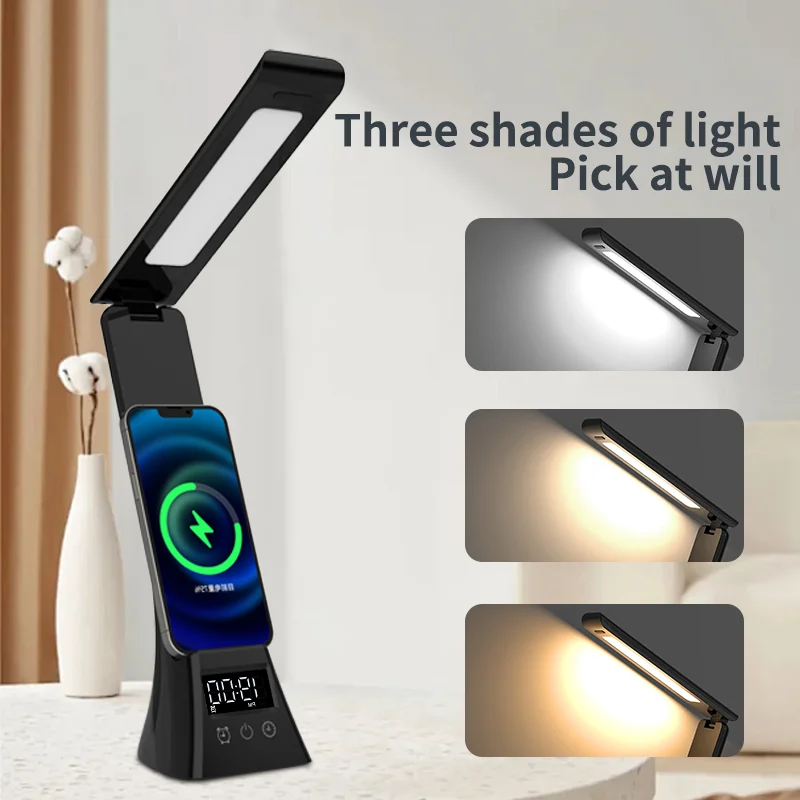 Čierna biela USB LED inteligentná stolová stolová lampa s bezdrôtovým nabíjaním a budíkom