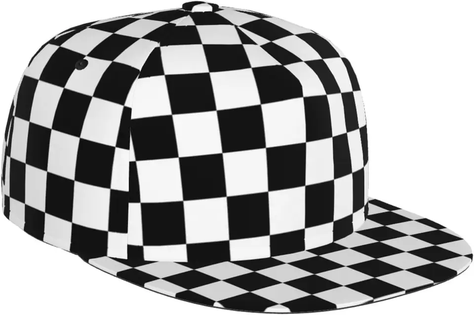 Čierna biela závodná kockovaná vlajka vzor Plochá klobúk Bill, Unisex Snapback Baseball Cap Hip Hop Style Plochá slana Plan
