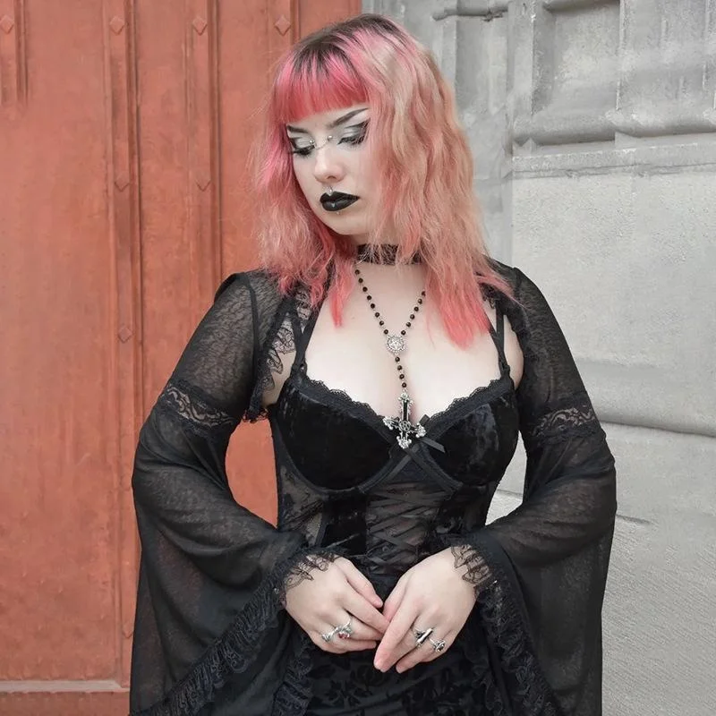 Čierna dámska čipka roztomilý goth párty Bolero rozšírené rukávové čipky lem Cape Tops Gothic estetics outfits