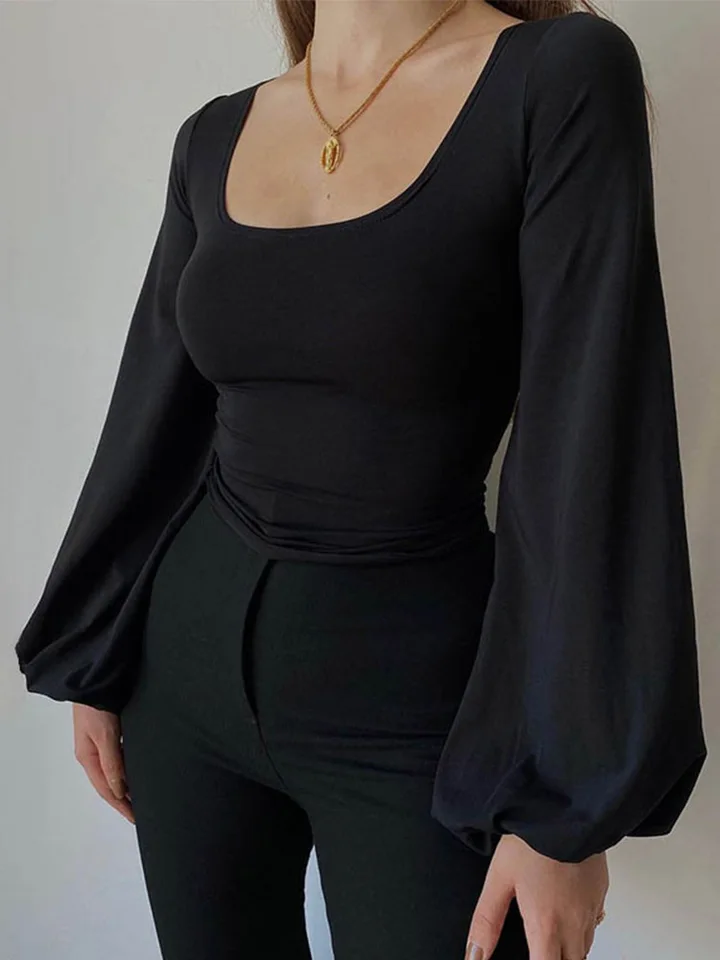 Čierna elegantná blúzka pre ženy Top Top Top All-Match Lantern s dlhým rukávom tričko 2024 Nový štvorcový golier Slim Solid Tričko