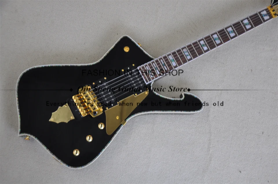 Čierna elektrická gitara ľadová gitara tremolo most zlaté zrkadlo Pickguard Color Shell viazanie 22 pražcov