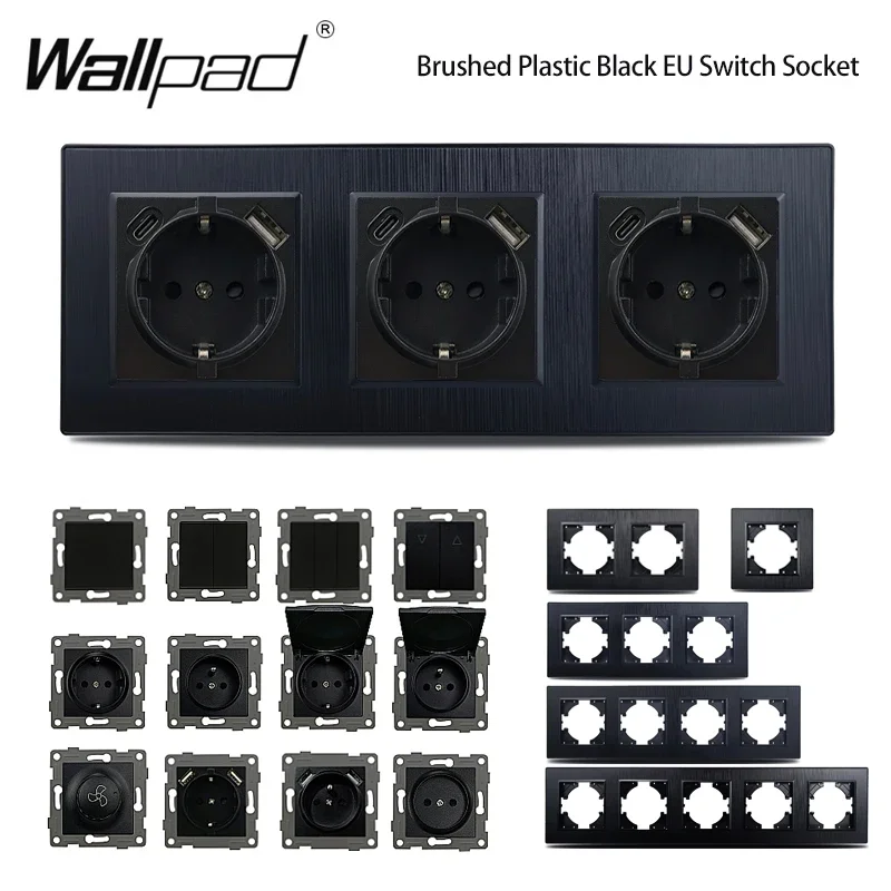 Čierna EÚ Matte Brushed Plastický panel PC Euro francúzska zásuvka s USB Typ AC Fast Charger TV Dáta