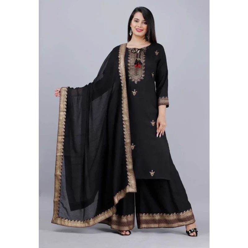 Čierna farba pakistanský dizajnér Salwar Suit Kurti Palazzo a Dupatta Party Dress