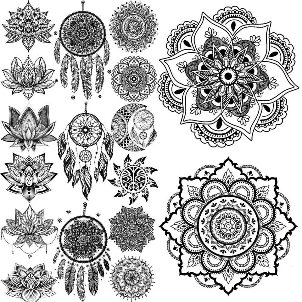 Čierna henna mandala dočasné tetovanie pre ženy mužov snovi chytač lotos snov chytač falošný tetovací nálepka zadná hrudník Tatoos