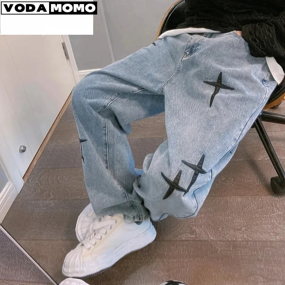 Čierna hviezda Tlač široké nohavice nohavice 2024 Streetwear Baggy Men Jeans Jar Autumn Men Jean Kórejský móda voľné priame mužské nohavice