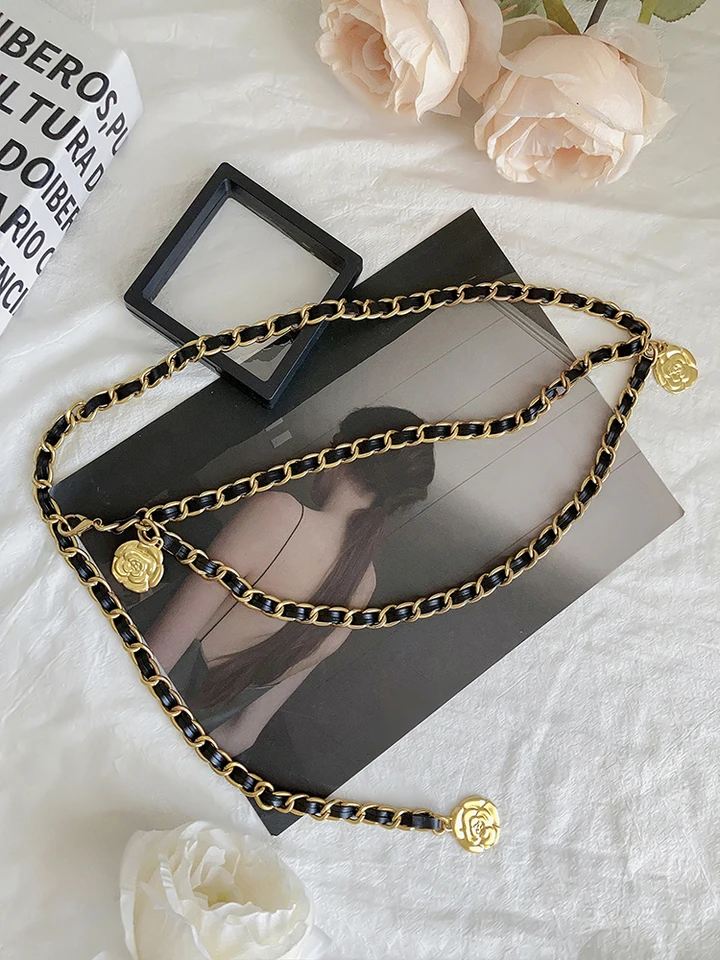 Čierna kožená luxusná značka Brand pre ženy pásový pás Vintage kvetinové šperky