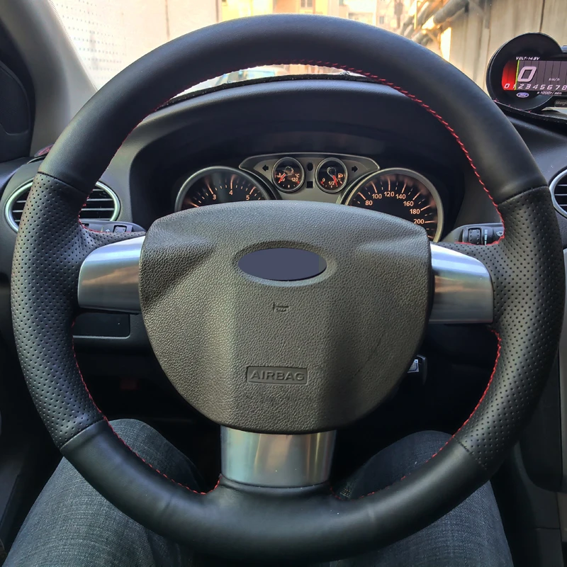 Čierna kožená ručne šitá kryt volantu pre volant pre Ford Focus 2 2005 2006 2007 2008 2009 2010
