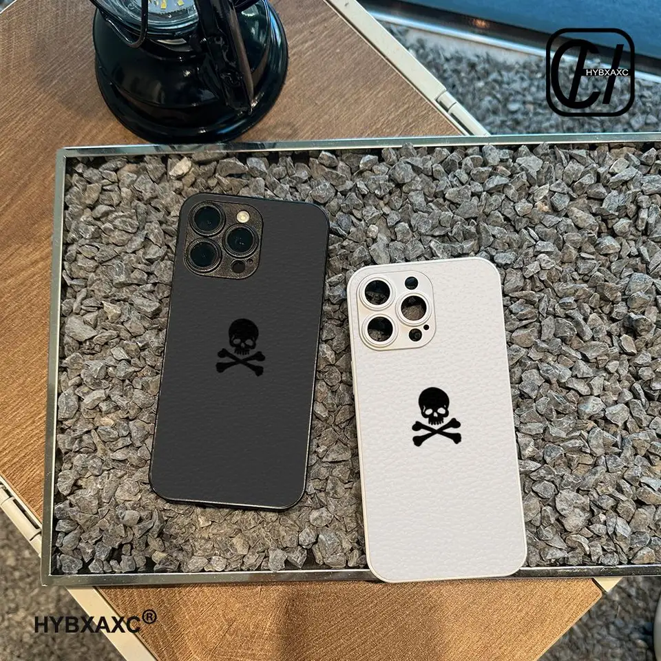 Čierna lebka telefónu Luxusná lambskina kožená puzdro pre iPhone 16 15 14 13 12 11 11 Pro Max Vlastný kryt