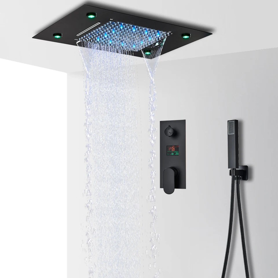 Čierna LED digitálny displej Sprchovací faucet set dažďový vodopád vani