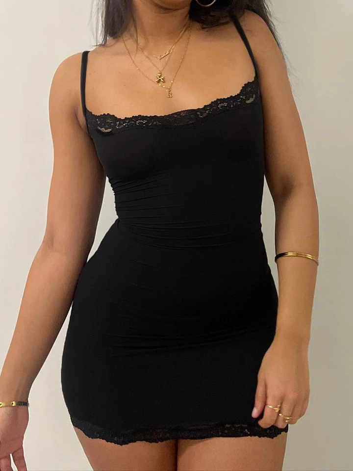 Čierna masívna čipka Slim Slim Basic Sexy Slip Mini Dress Dám