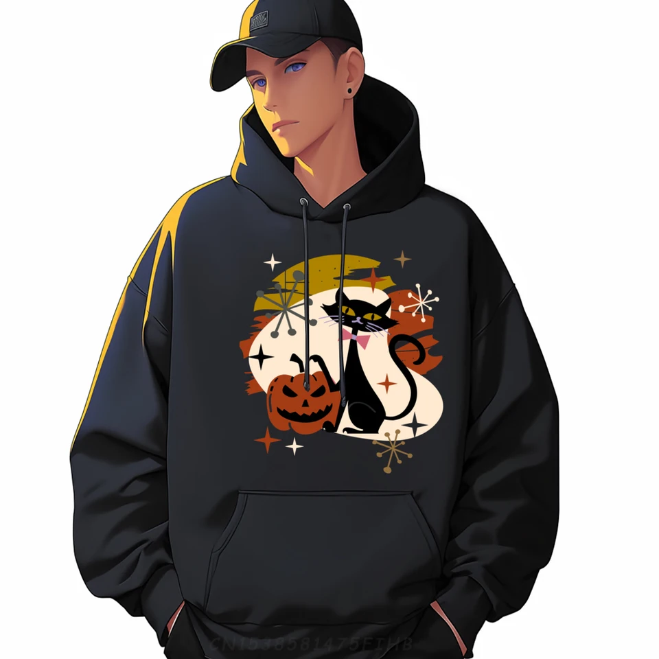 Čierna mačka a tekvica atóm retro halloween pánske oblečenie plus dámske dámske streetwear vonkajšie