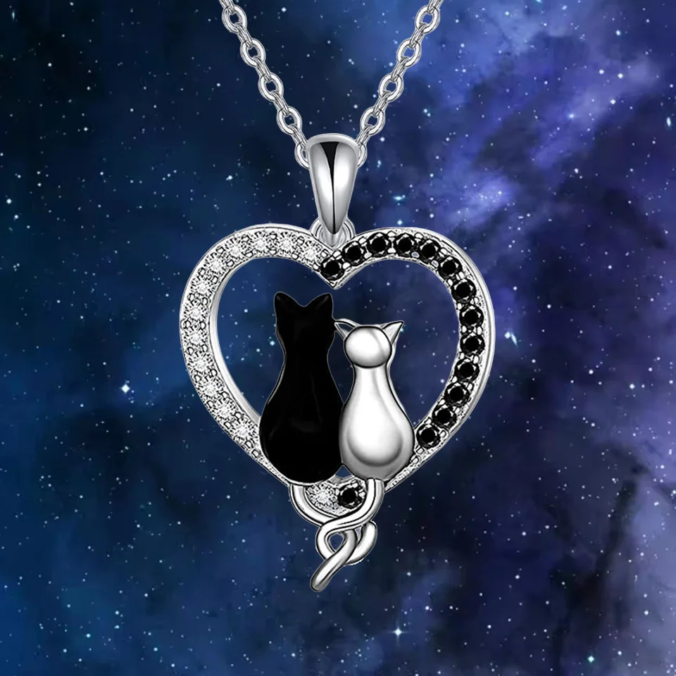 Čierna mačka biela mačka Láska náhrdelník, Cool Party Jewelry, vianočný darček Halloween, Darček pre Valentína pre ženy Mama Family Friends