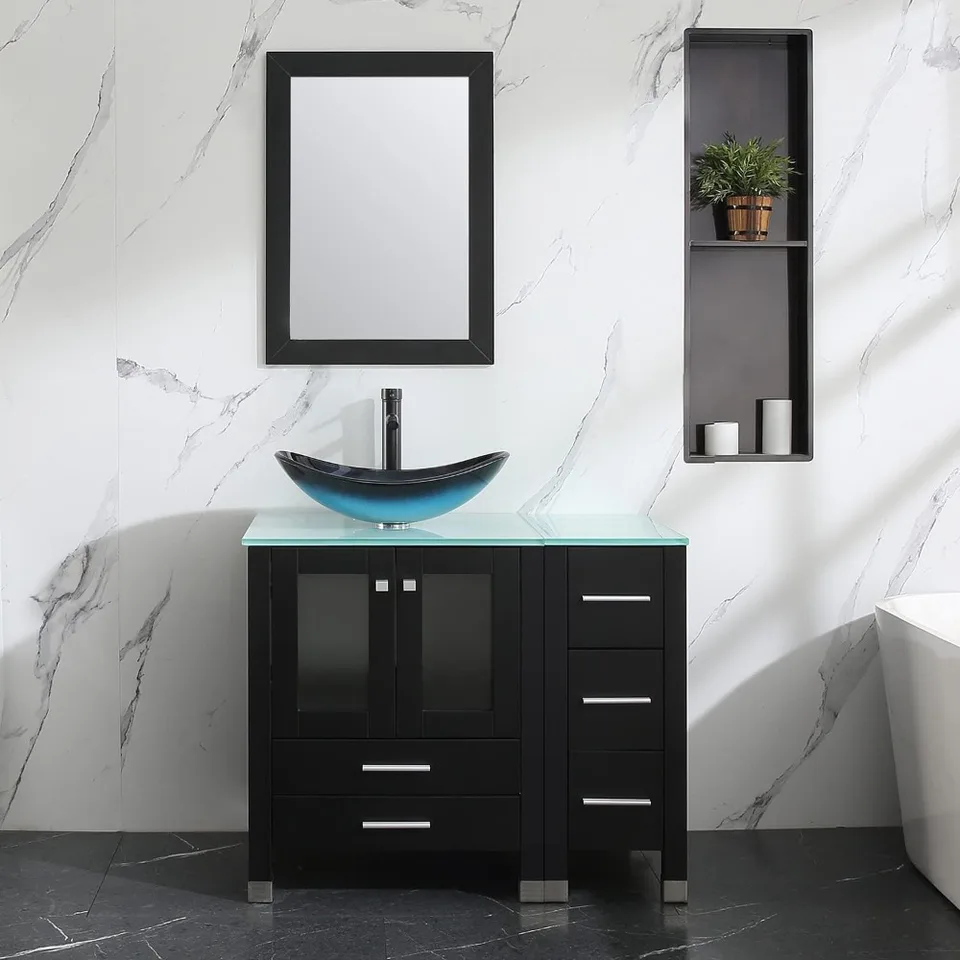 Čierna moderná drevená kúpeľňa Vanity skrinka oválne Temperované sklenené nádoby umývadlo Orb Faucet Drain Combo Combo Design so zrkadlom