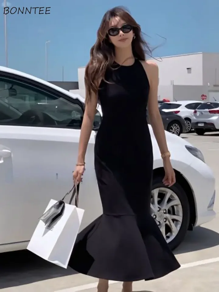 Čierna morská panna midi šaty Ženy štíhle temperament halter bez rukávov čisto minimalistické kórejské módne oblečenie Vestidos Lady Chic