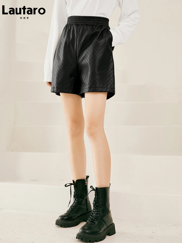 Čierna mäkká fauxová kožená noha Lautaro-Womens, šortky so širokými nohami, vysoko elastický pás, Diamond Plaid Bottoms, Loose, Casual, Spring